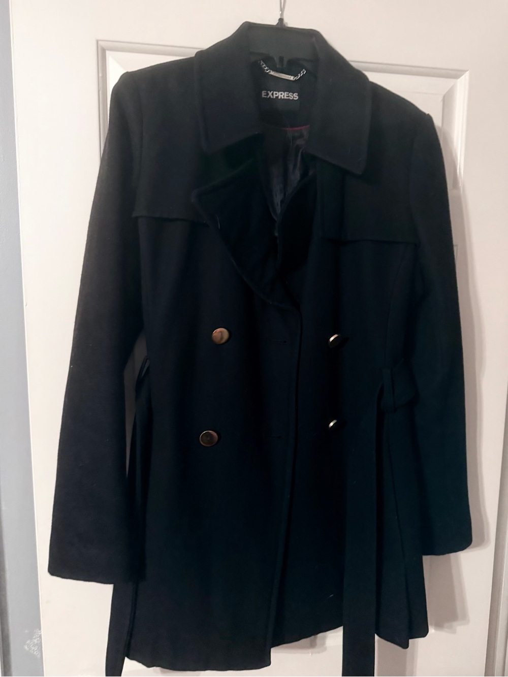 Express Black Double-Breasted Pea Coat with Belt